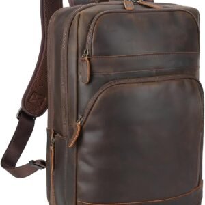 Masa Kawa Brown Leather Laptop Backpack for Men 16 Inch Compute Work Bag | Vintage Cowhide Overnight Camping Weekender Travel Large College Daypack with Water Bottle Holder