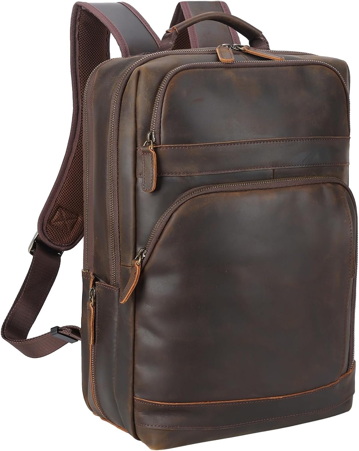Masa Kawa Brown Leather Laptop Backpack for Men 16 Inch Compute Work Bag | Vintage Cowhide Overnight Camping Weekender Travel Large College Daypack with Water Bottle Holder