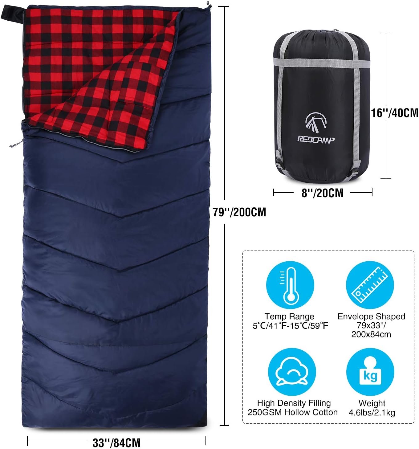 REDCAMP Cotton Flannel Sleeping Bag for Camping Backpacking, Adults Cold Weather Envelope Sleeping Bags with 2/3/4/6lbs Filling - Image 2