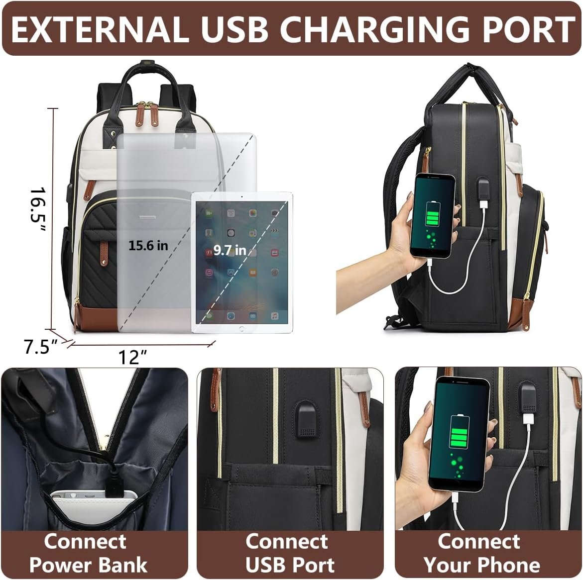 Laptop Backpack for Women Bag - 15.6 inch Work Travel Backpack with USB Charger College Bookbag Waterproof Business Computer Backpack Anti-theft Casual Backpacks for Nurse Teacher Beige Black Brown - Image 4