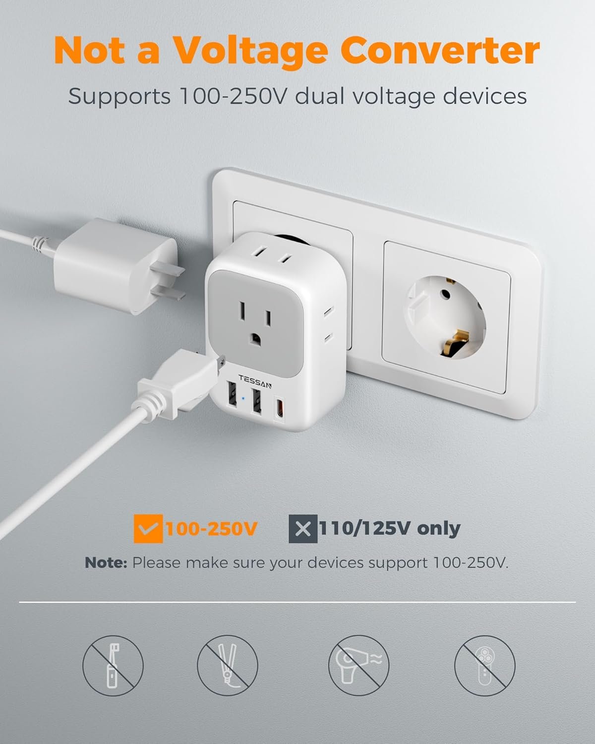 TESSAN 2 Pack European Travel Plug Adapter, Europe Power Converter | 4 Outlets 3 USB (1 USB C PD 20W), Type C International Plug, For Italy Spain France Portugal Iceland Germany - Image 6