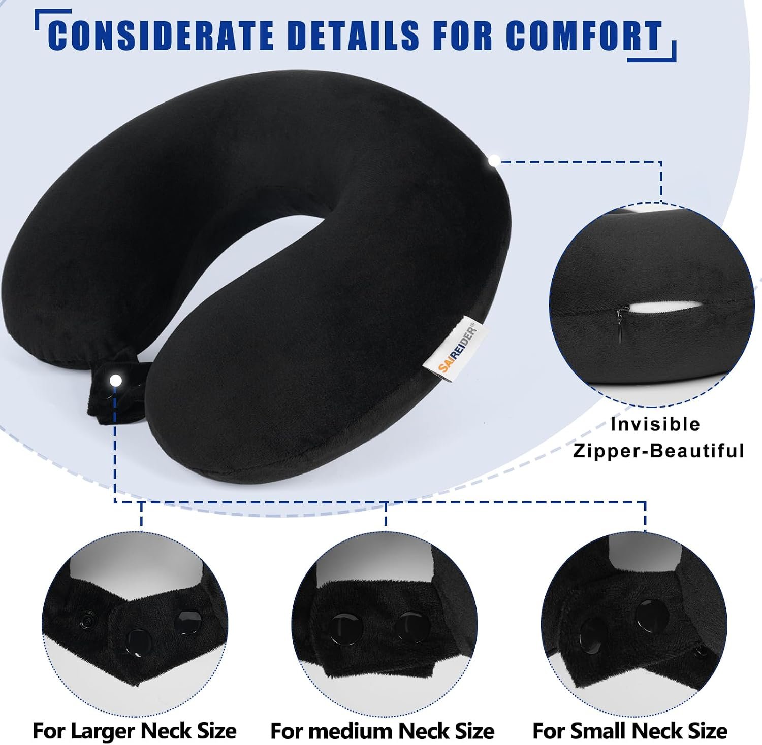 SAIREIDER Travel Pillow 100% Pure Memory Foam Travel Neck Pillow, Airplane Pillow for Traveling、Car、Home、Office,Washable Cover(Black) - Image 5