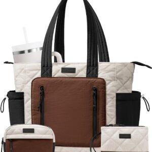 Bagstellar Puffer Tote Bag for Women, Lightweight Puffy Work Laptop Handbag | Quilted Teacher Nurse Carry On Purse with Zipper, 40oz Cup Holder, 15.6" Computer Bag for School Clinical Nursing Travel Gym