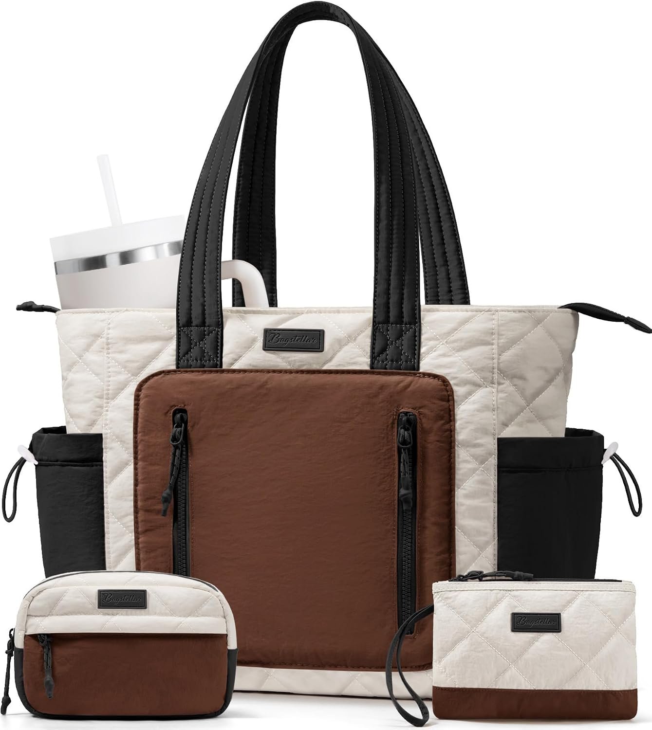 Bagstellar Puffer Tote Bag for Women, Lightweight Puffy Work Laptop Handbag | Quilted Teacher Nurse Carry On Purse with Zipper, 40oz Cup Holder, 15.6" Computer Bag for School Clinical Nursing Travel Gym