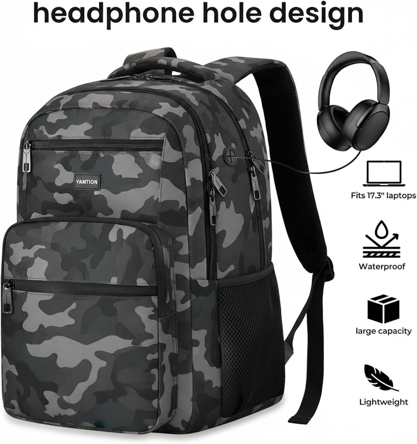 YAMTION Laptop Backpack for Men, Black Backpack, School Backpack for Boys and Girls, Bookbag, Work Backpack (Black Camo, 15.6 inch) - Image 3