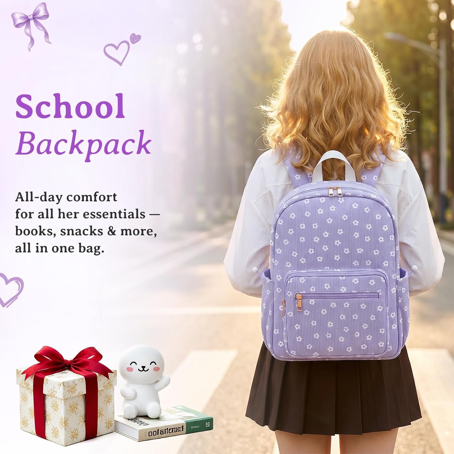 Corduroy Toddler Backpack for Kids School Bag Girls Bookbag Teen Backpack Set Daypack with Lunch Bag and Pencil Case (Purple small white flowers, 3 Set) - Image 2