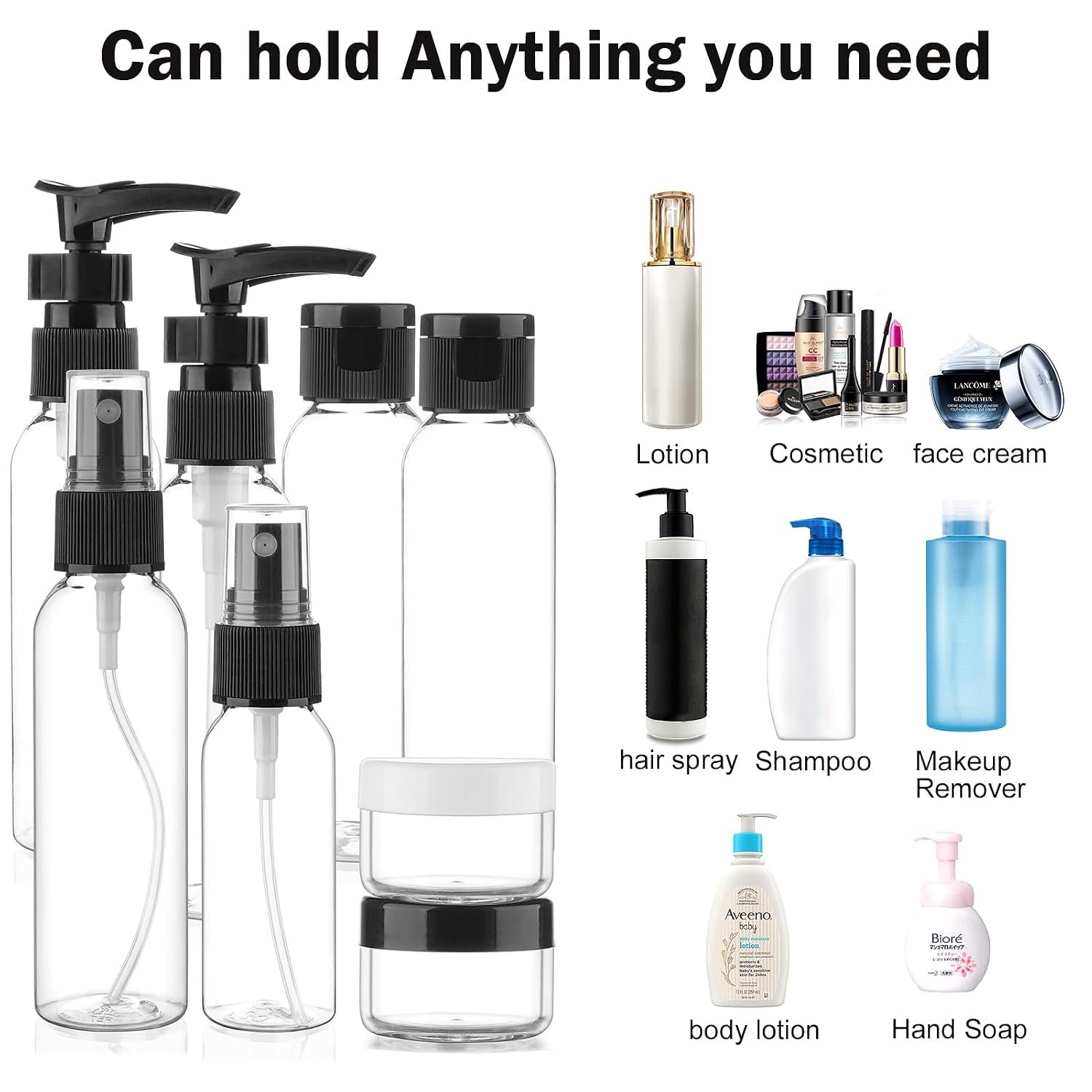 Cosywell 13-Piece 2 oz TSA Approved Travel Bottles for Toiletries Kit | Refillable set Includes Pump, Spray and Flip-cap Bottles, Cream Jars, Spatulas, Funnel and Clear Bag for Shampoo and Lotion - Image 5