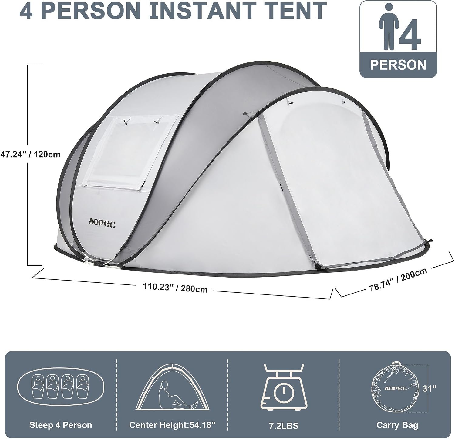 Pop Up Camping Tent, 2/4/6 Person Instant Tent Waterproof PU4500mm, Spacious Ventilated Camping Tent with Front Porch, Quick Setup Lightweight Portable for Outdoor Camping Hiking Beach - Image 3