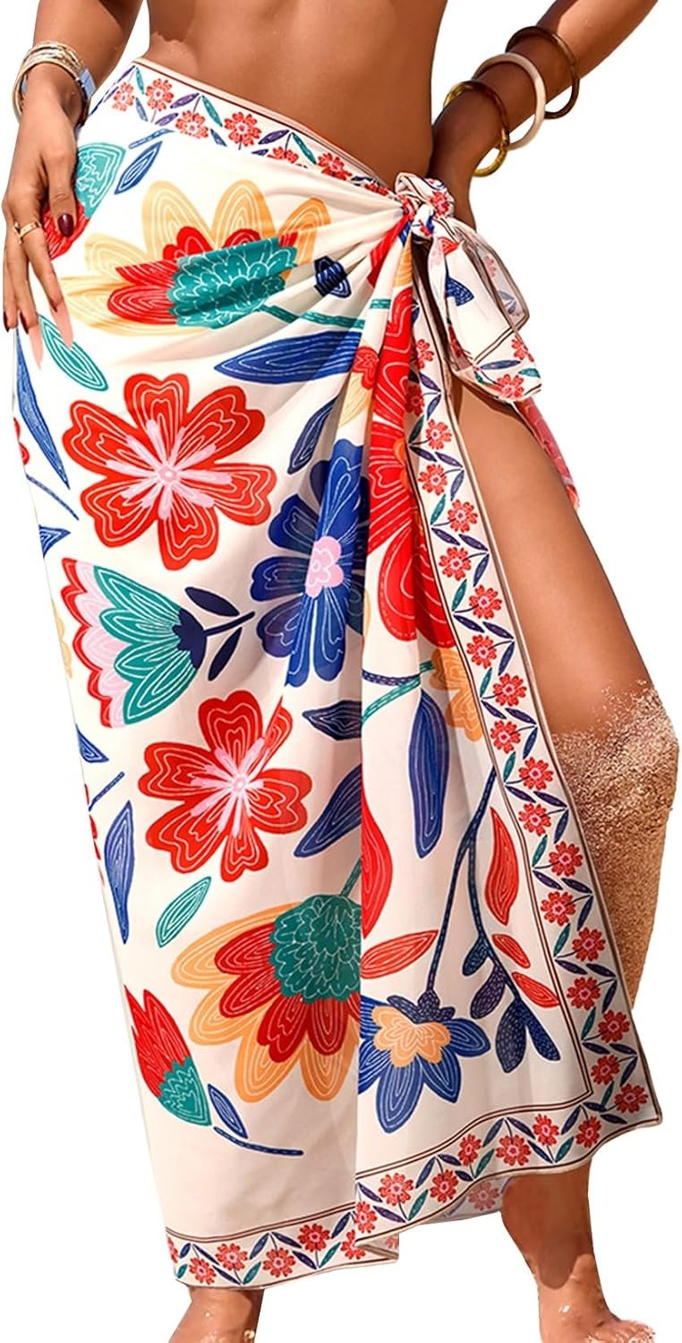 Women Sheer High Slit One Size Swimsuit Coverup Sarong Chiffon Wrap | Floral Print Bathing Suit Cover Up, Size: 55"× 45", Tie Side, Lightweight Swimwear, Beach Vacation Outfits, Cruise Essentials