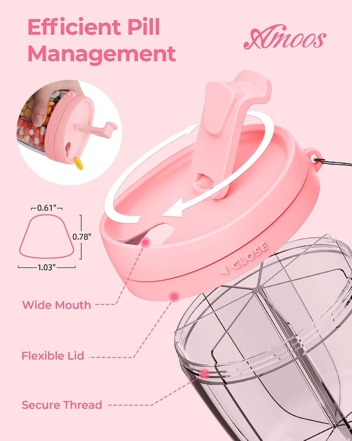 AMOOS Cute Pill Dispenser with Anti-Mix Design, 7-Slot, BPA-Free, Patented | Portable Travel Pill Organizer, Wide Mouth for Easy Access, Pill Bottle Organizer for Vitamins, Fish Oils, Supplements, Pink - Image 4