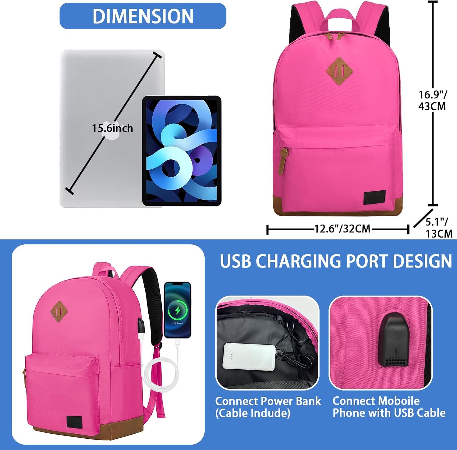 Backpack for Men Women,Travel Laptop Backpack, Water Resistant 17.3 Inch USB Charging Backpack, Large Capacity Work Commute Bag,Rose - Image 2