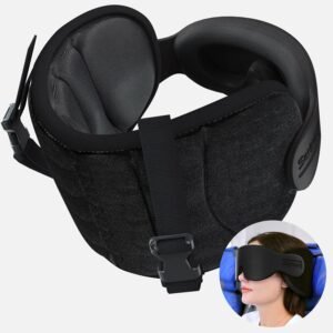 SARISUN Travel Pillows for Airplanes, Stable Head Support, Travel Essential | Airplane Pillow with 3D Eye Mask, Seat Strap Secures to Headrest, Stop Bobblehead, for Long Flight Road Trip Sleeping, Black