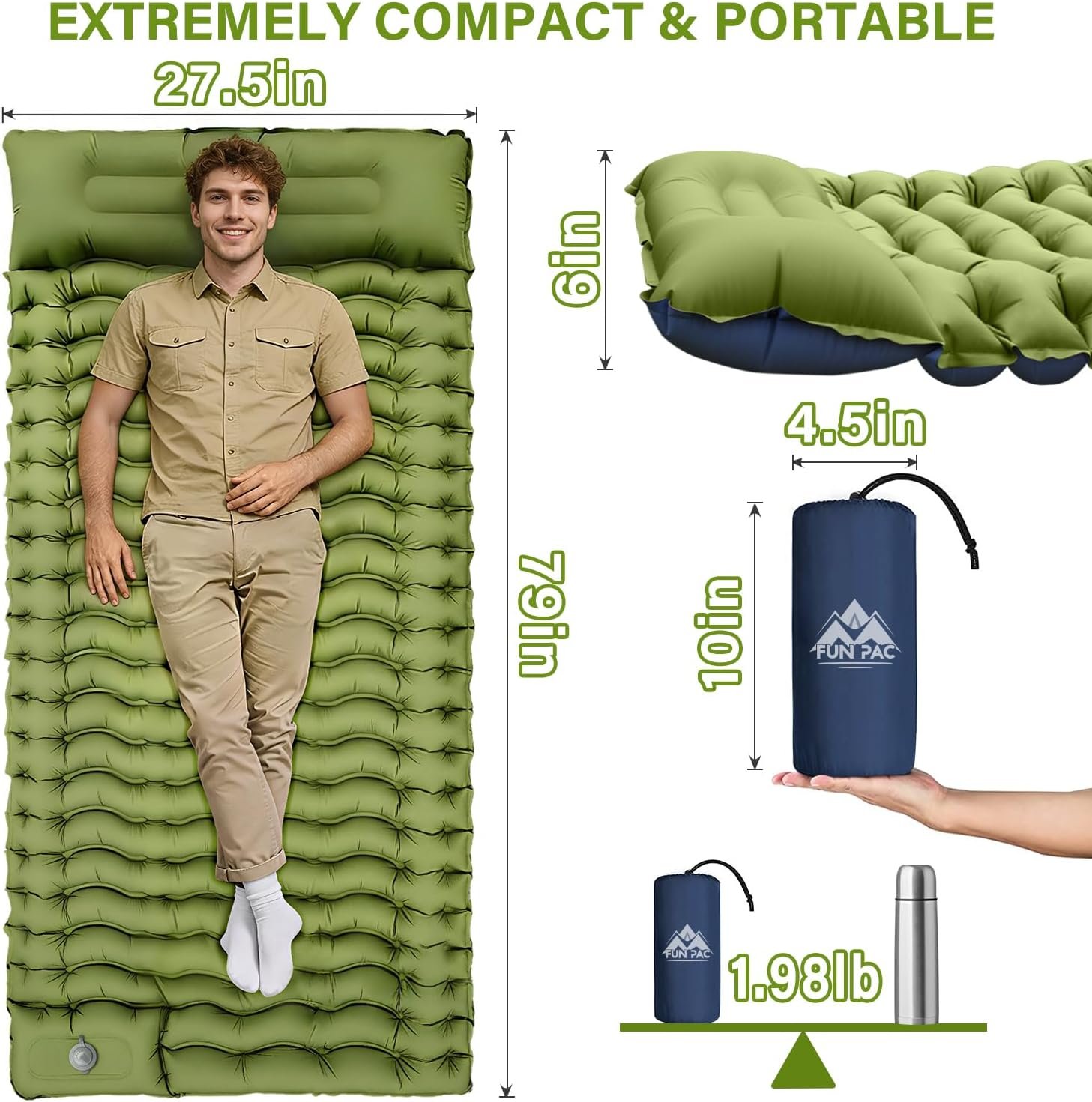 FUN PAC Camping Sleeping Pad, Ultralight Camping Mat with Pillow, Built-in Foot Pump Inflatable Sleeping Pads Compact for Camping Backpacking Hiking Traveling Tent,Single,Green - Image 2