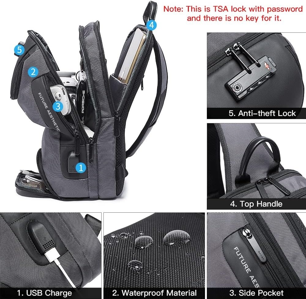 BANGE Sling Bag for Men, Waterproof Crossbody Backpack, USB Charging Shoulder Bag, Daypack for Travel, Work, Hiking - Image 3