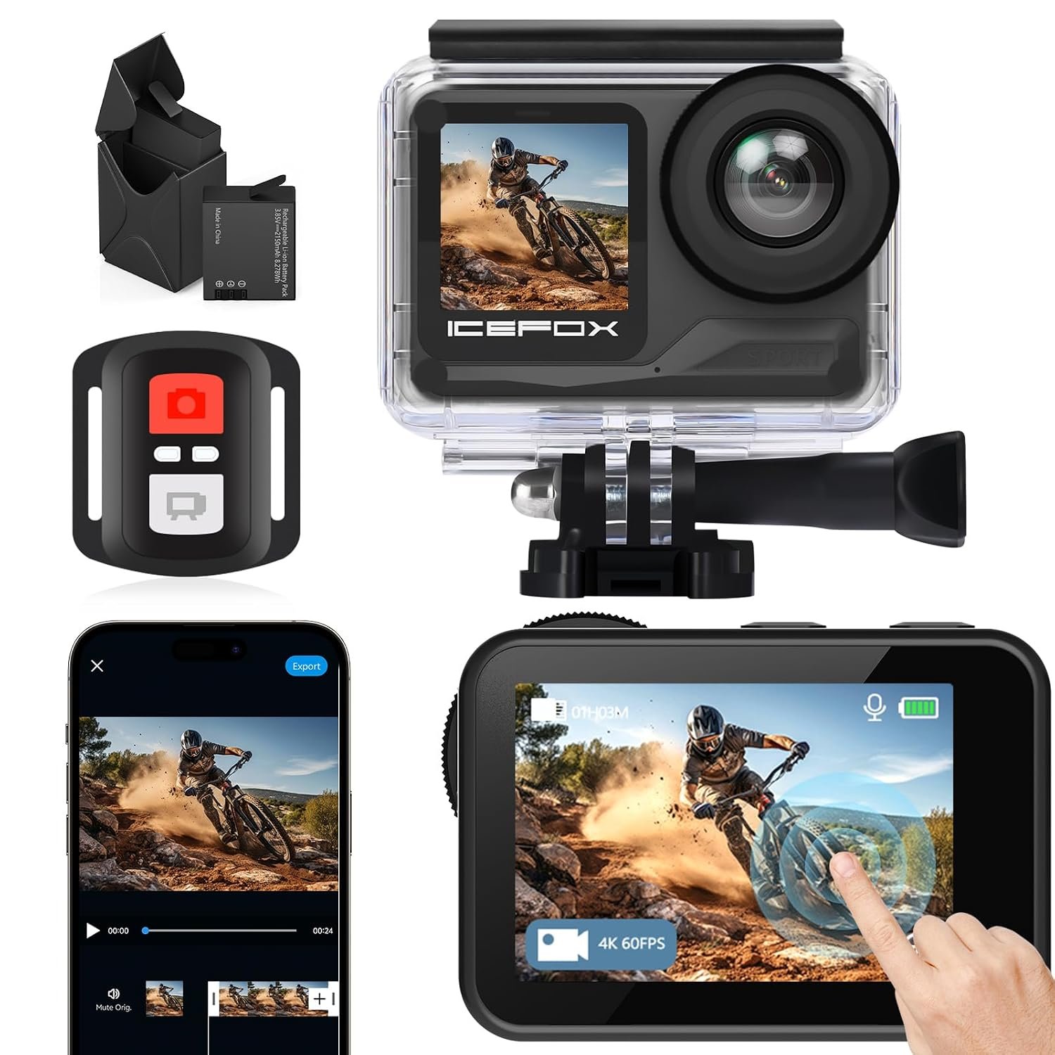 icefox Action Camera 4K 60FPS 20MP with 2X 2150mAh Batteries, Underwater Camera with 5X Zoom, EIS, Powered by Snappro App,Support Video&Photo Editing,Waterproof, WiFi Remote Control