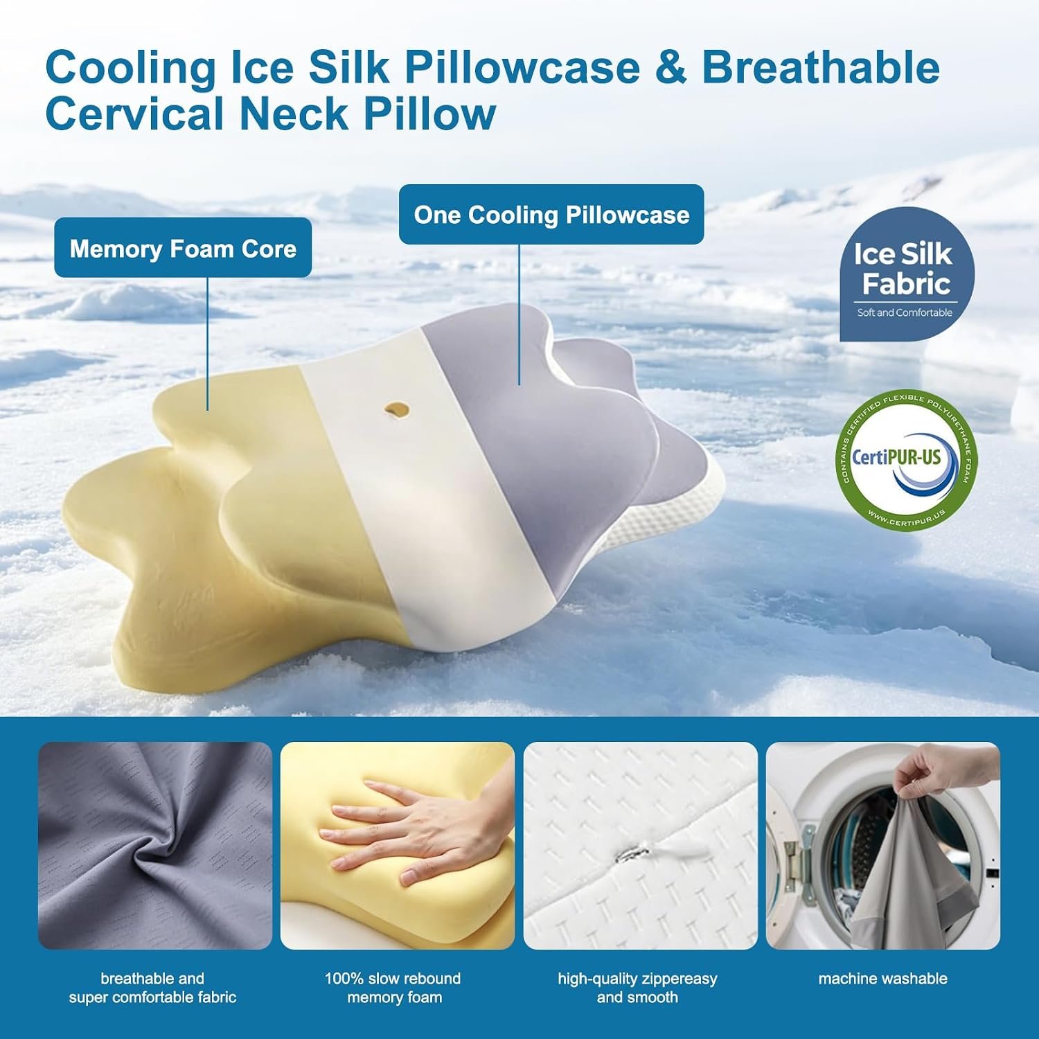 Ergonomic Cervical Pillow for Neck Pain Relief, Grey, 60*36*13cm | Dual-Height Contour, Neck Shoulder Support, Medium Memory Foam, Cooling Pillowcase, for Side Back Stomach Sleepers - Image 7