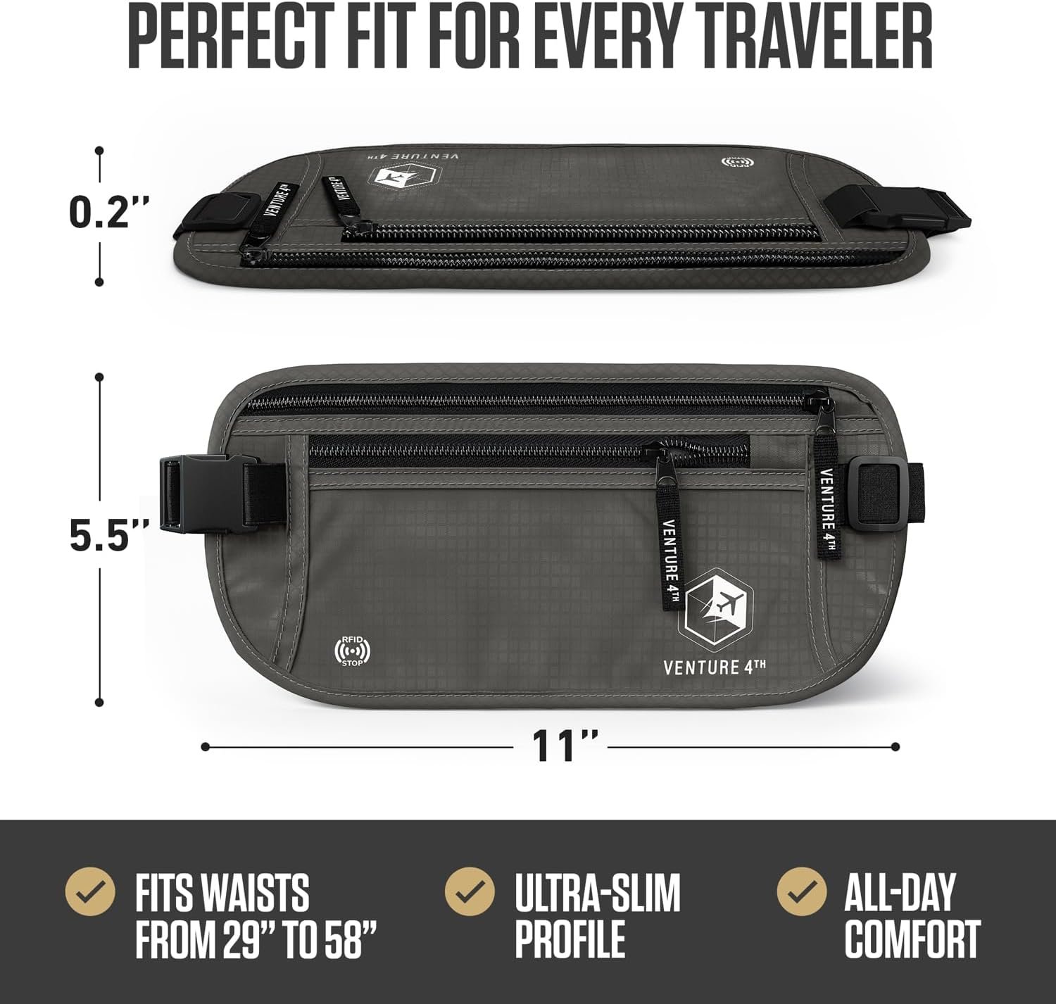 VENTURE 4TH Travel Money Belt, RFID Blocking Passport Holder - Gray - Image 3