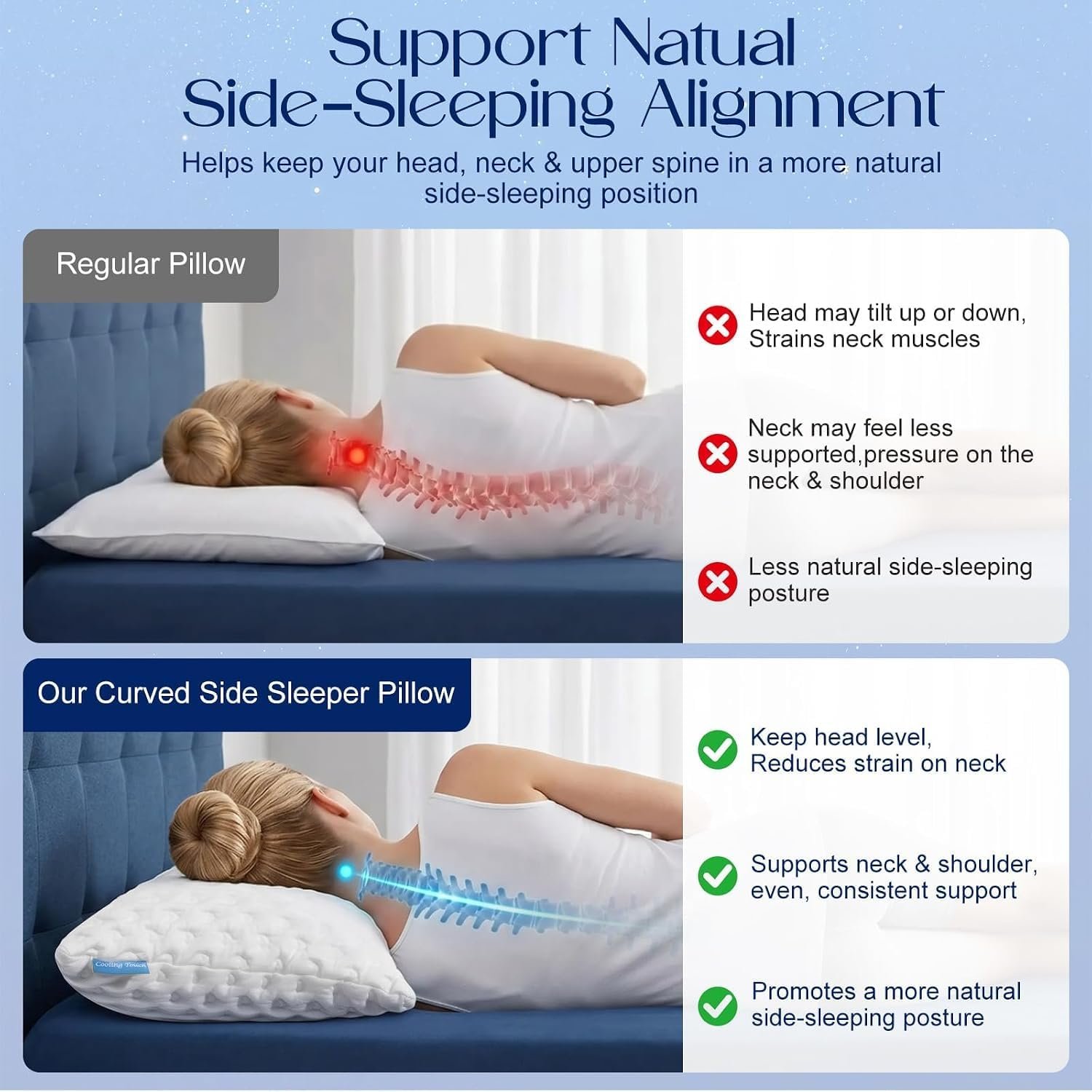 Side Sleeper Pillows for Neck & Shoulder Comfort - Ergonomic Curved Crescent Design, Adjustable Shredded Memory Foam, Cooling & Soft Cover, Extra Fill Included, Queen Size - Image 4