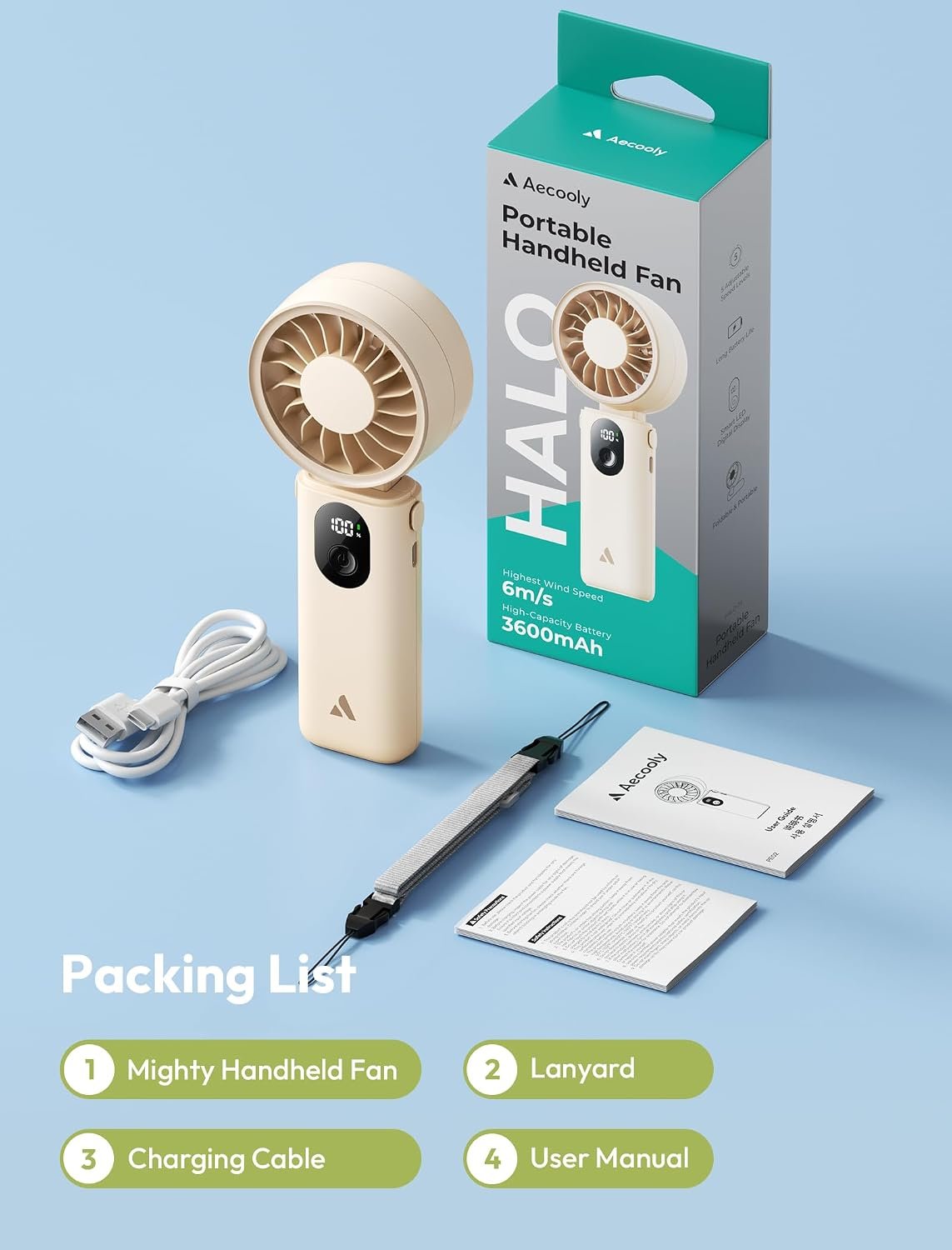 Aecooly Mighty Portable Handheld Fan | 20H Max Cooling | 3 Flexible Modes | 5 Speeds Wind | Battery Level Display | Mini USB Rechargeable Personal Battery Powered Fan Travel Gifts for Women -Beige - Image 9