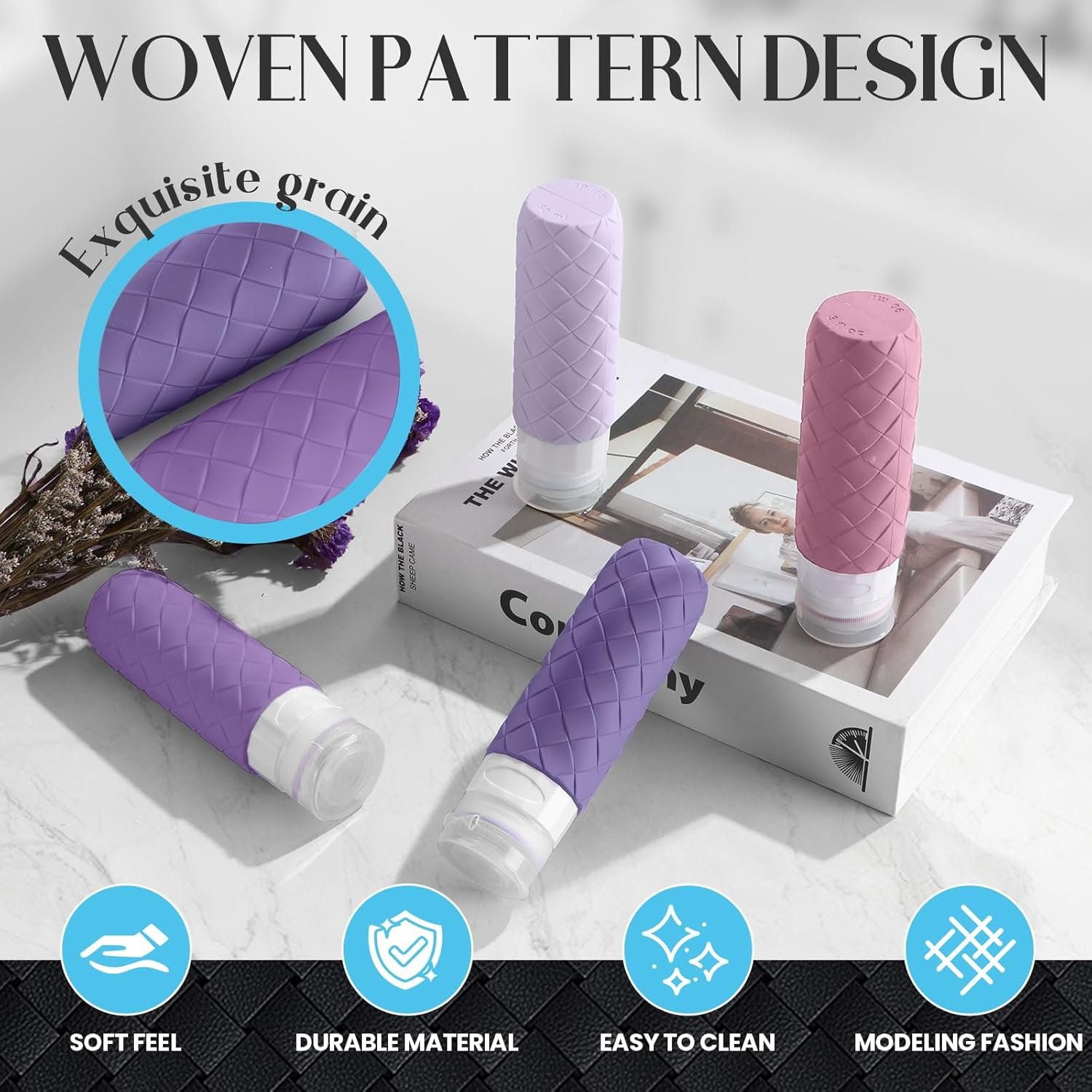 Silevoler Travel Bottles for Toiletries, TSA-Approved Travel Size Container | Woven Pattern BPA Free Silicone Leak Proof Refillable Liqus Shampoo And Conditioner Essentials Toiletry Bottles(Purple) - Image 2
