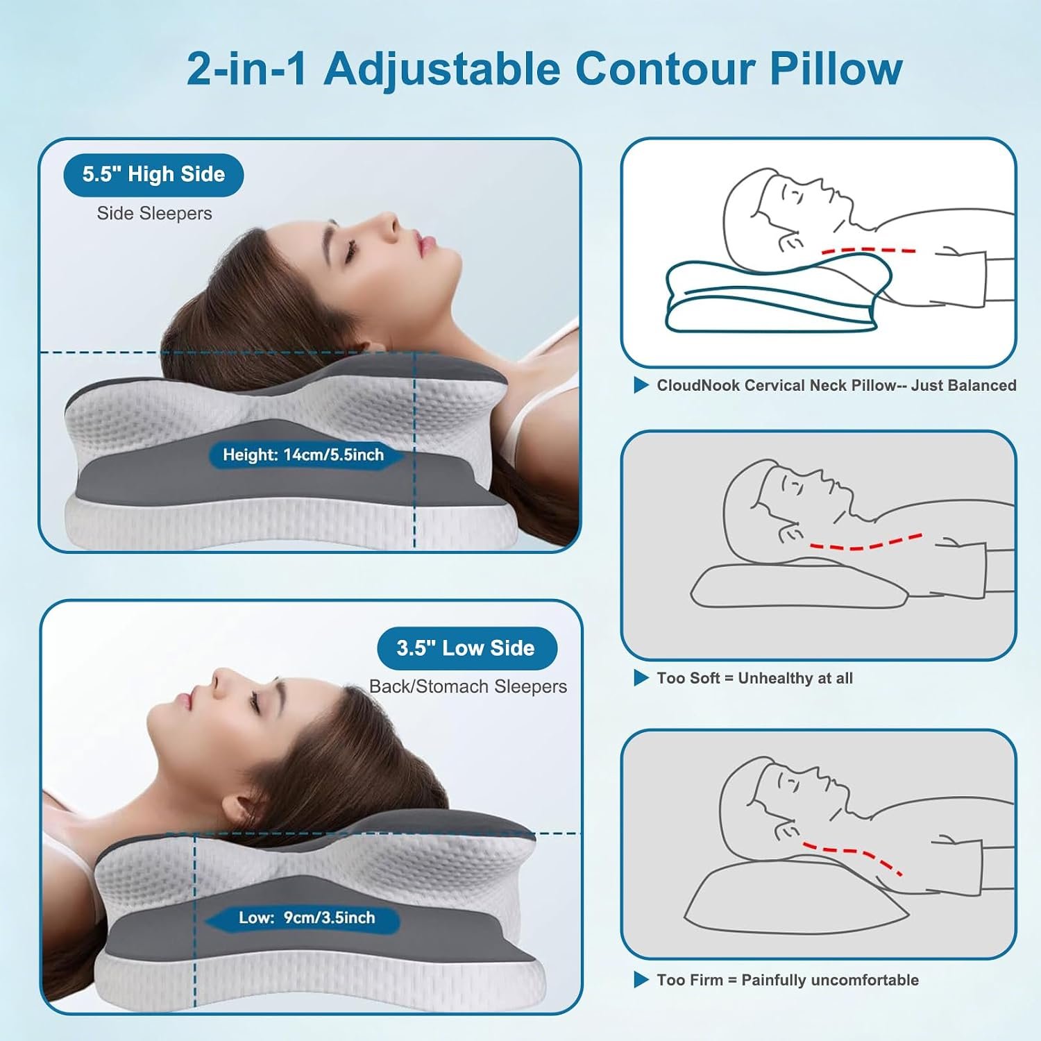 Ergonomic Cervical Pillow for Neck Pain Relief, Grey, 60*36*13cm | Dual-Height Contour, Neck Shoulder Support, Medium Memory Foam, Cooling Pillowcase, for Side Back Stomach Sleepers - Image 4