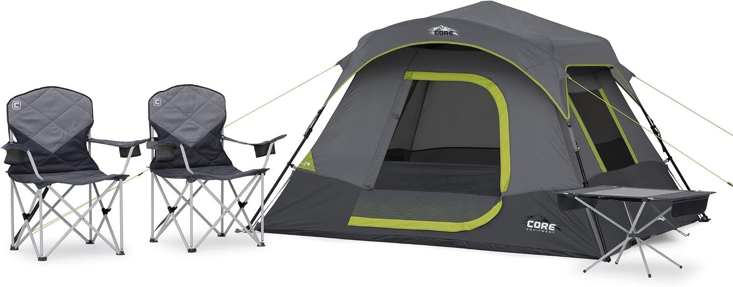 CORE 4 Person Instant Cabin Tent Camping Set | Includes 1 Pop Up Tent with 60 Second Setup, 1 Outdoor Table & 2 Camp Chairs | Perfect for Family Car Camping with Included Carry Bag