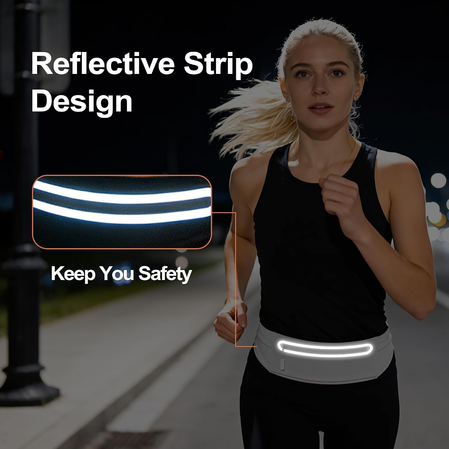 Slim Running Belt for Women Men,Phone Holder Waist Pack,Runners Fanny Pack | No-Bounce ,Sweat-Proof Pocket,Travel Money Pouch for Gym/Hiking/Cycling,Three pocket,Two Highly Reflective Strips - Image 6