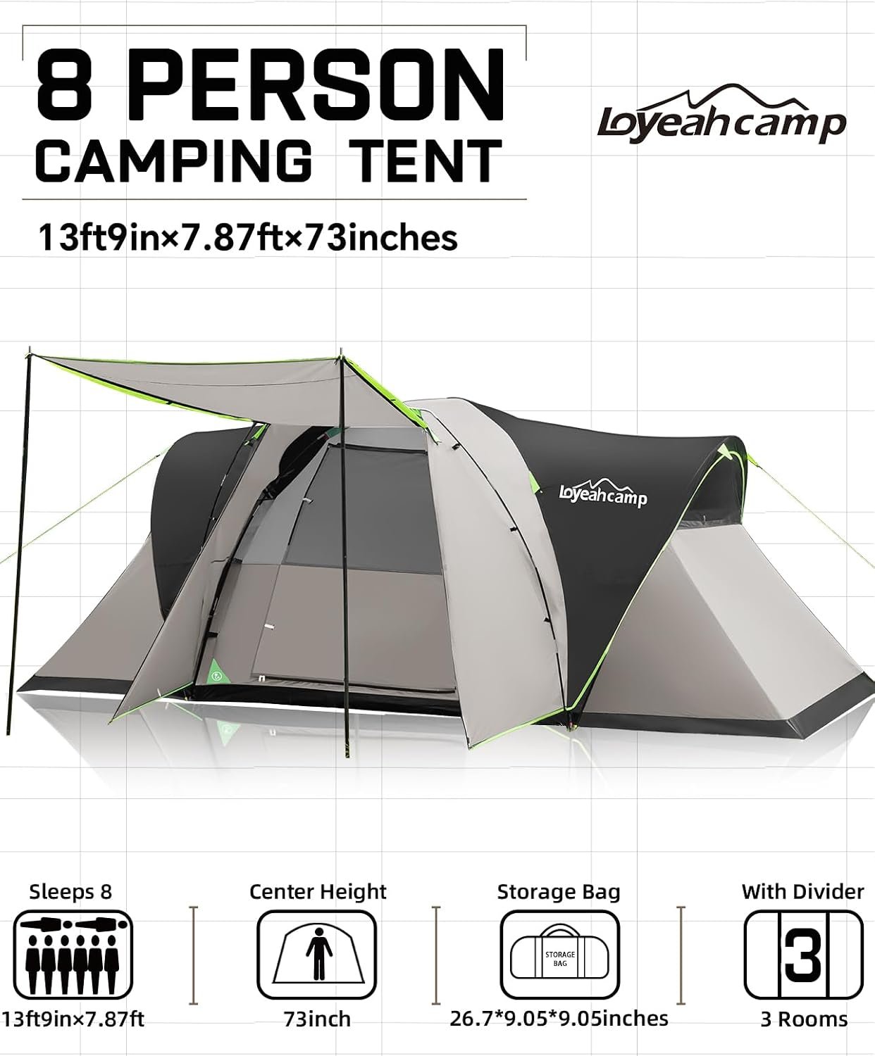 LOYEAHCAMP 8 Person Larger Extended Dome Camping Tent with 3 Rooms | Waterproof Semi-Freestanding Family Outdoor Tent with Spacious Interior and Mesh Windows - Image 2