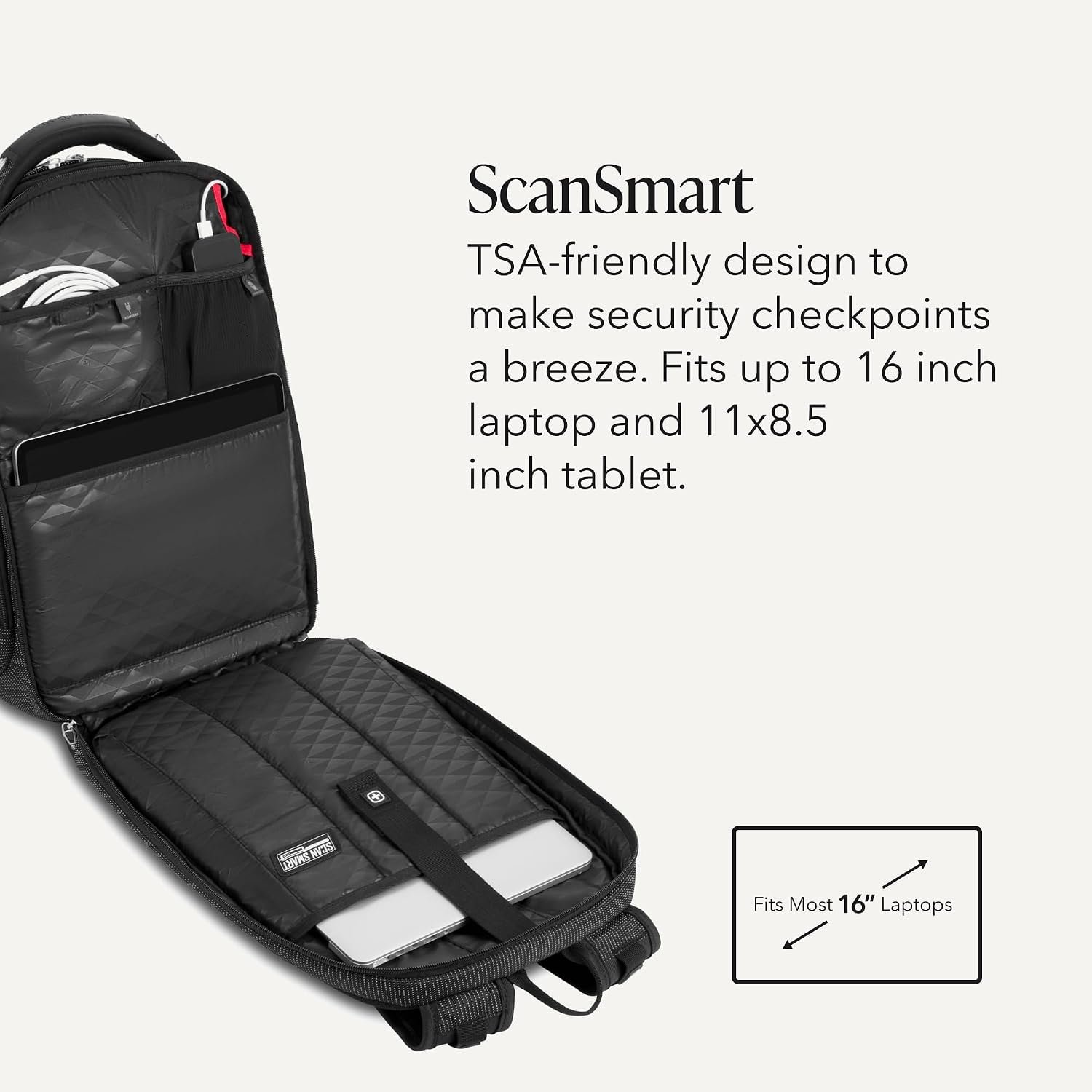 SwissGear Travel Tech Elite Laptop Backpack – Fits Laptops up to 16” – ScanSmart TSA-Friendly Backpack with USB Port, Shoe Compartment & Organizer Pockets – Black Dot - Image 3