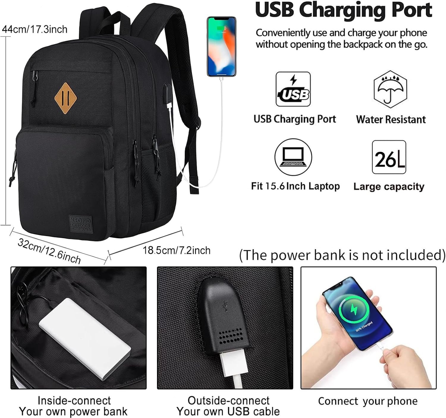 KEOFID Travel backpack for Men and Women, Anti Theft Laptop Backpack with USB Charging Port for Work, Large Bag for College, Carry-on Backpack with Luggage Strap, Water Resistent(Black) - Image 2