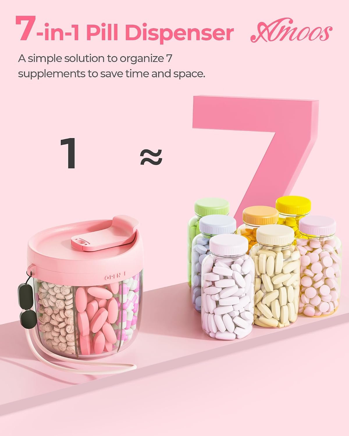 AMOOS Cute Pill Dispenser with Anti-Mix Design, 7-Slot, BPA-Free, Patented | Portable Travel Pill Organizer, Wide Mouth for Easy Access, Pill Bottle Organizer for Vitamins, Fish Oils, Supplements, Pink - Image 6