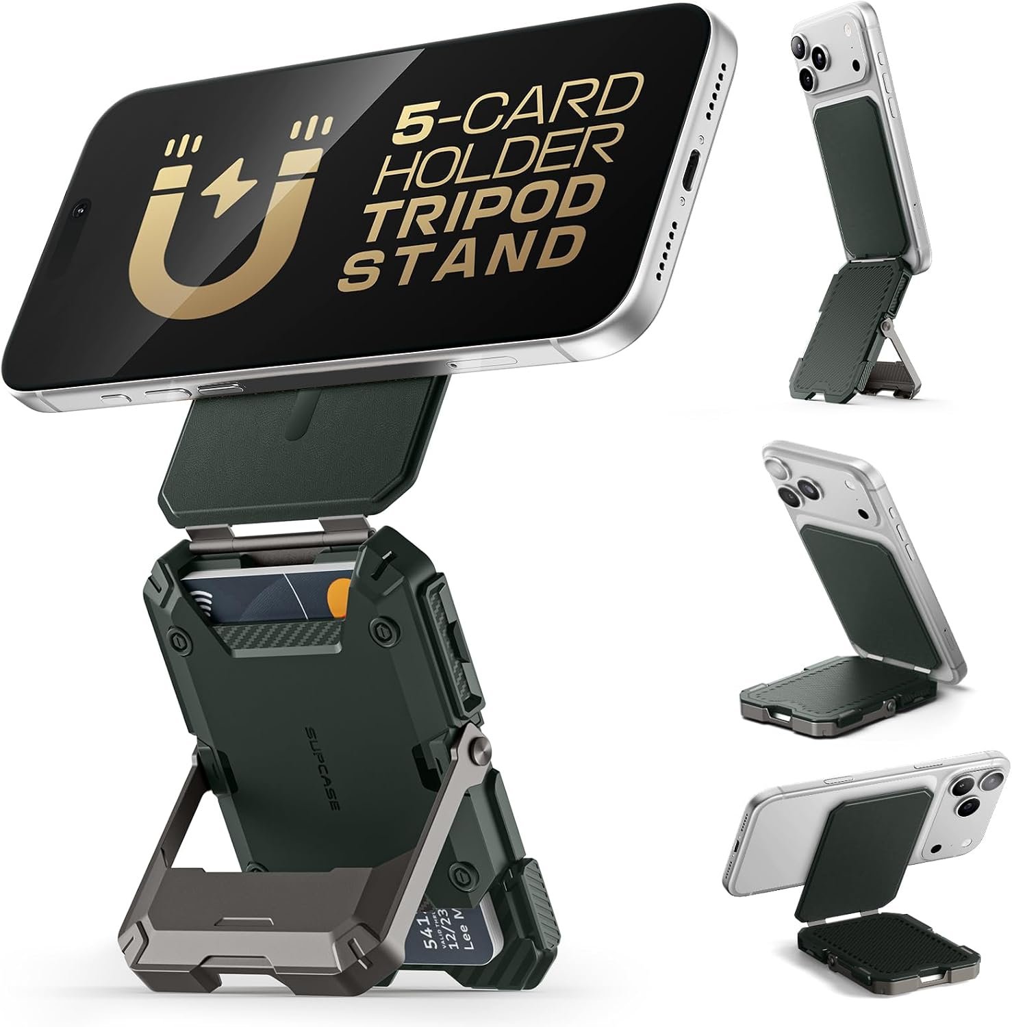 SUPCASE for MagSafe Wallet with Adjustable Stand, Hold 5 Cards, Green | RFID Blocking, Strong Magnetic Lock, Magnetic Wallet for Men, Phone Card Holder Tripod for iPhone 17/16/15/14/13/12 Series