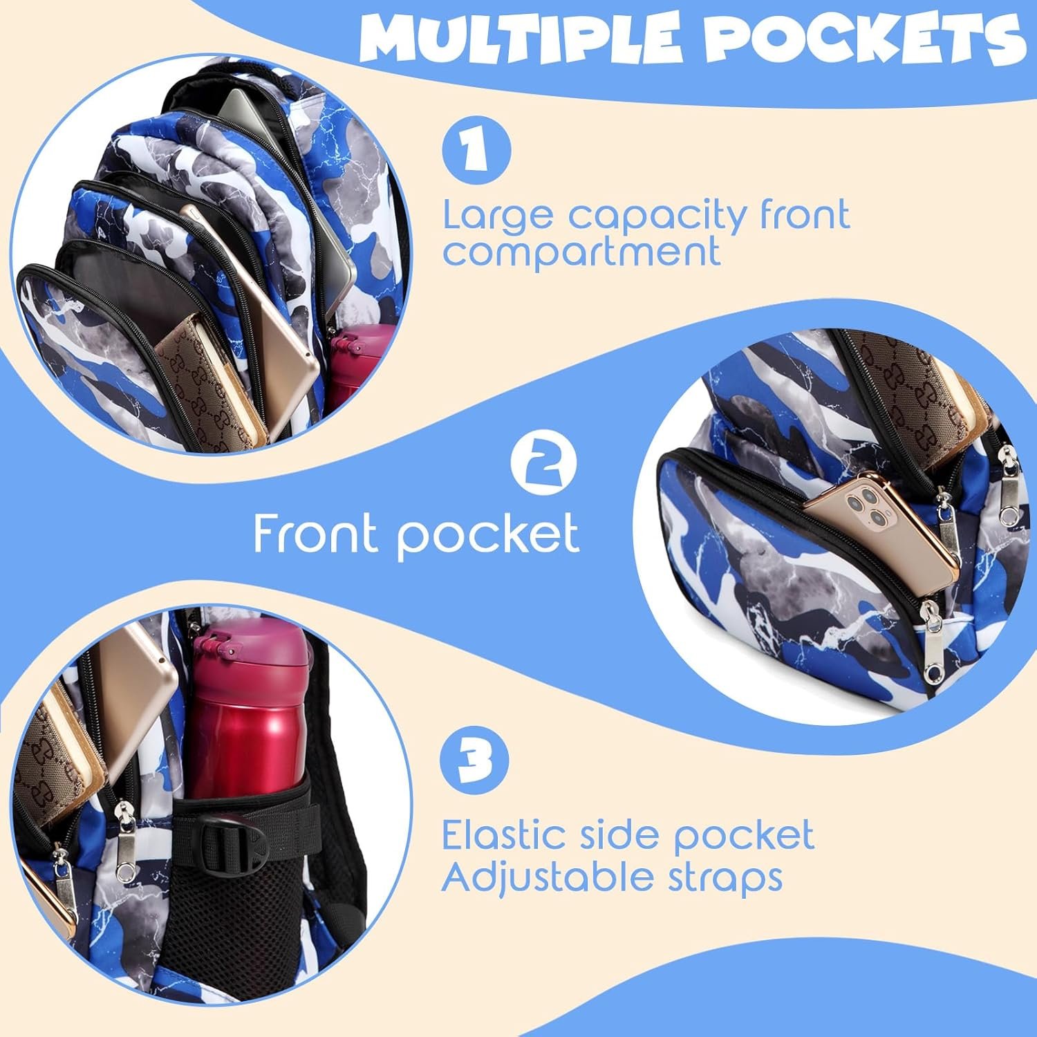 Kids Backpack for Boys Elementary Book Bags Primary Middle School Bookbags for Childs Water Resistant Back to School Gifts Son Mochila Escolares para Niños Aged 8-10 17 Inch Camo Blue - Image 6