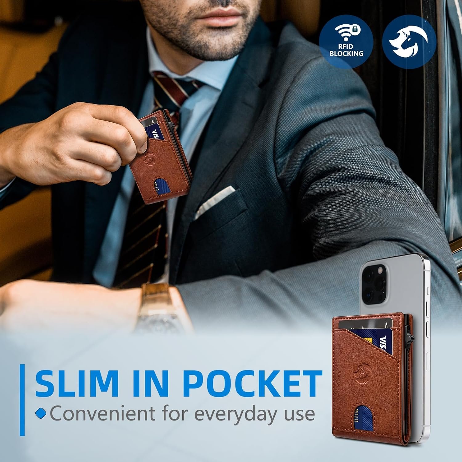 Wallet for Men, Slim Pop Up Card Holder with RFID Blocking, Minimalist Bifold Wallet with 9 Card Slots, ID Window and Cash Pocket, Metal Flip Case with Magnetic Closure, Gift Box - Image 7