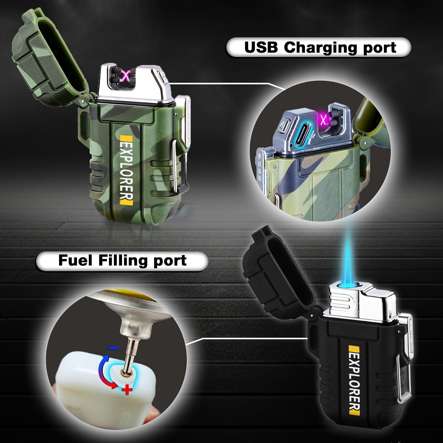 2 Pack Waterproof Lighter Outdoor Windproof Torch Lighters Dual Arc Butane Electric Lighters USB Rechargeable Lighters Flameless Plasma Lighter Camping Hiking Adventure Survival Tactical Gear - Image 5