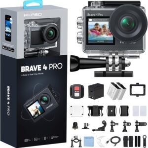 AKASO Brave 4 Pro Action Camera 4K 30fps Waterproof Underwater Camera | 20MP, EIS, 5X Zoom, Slow Motion, Touch Screen, Ultra Hd Sport Camera for Snorkel, Travel, Bicycle, Helmet Accessories Kit