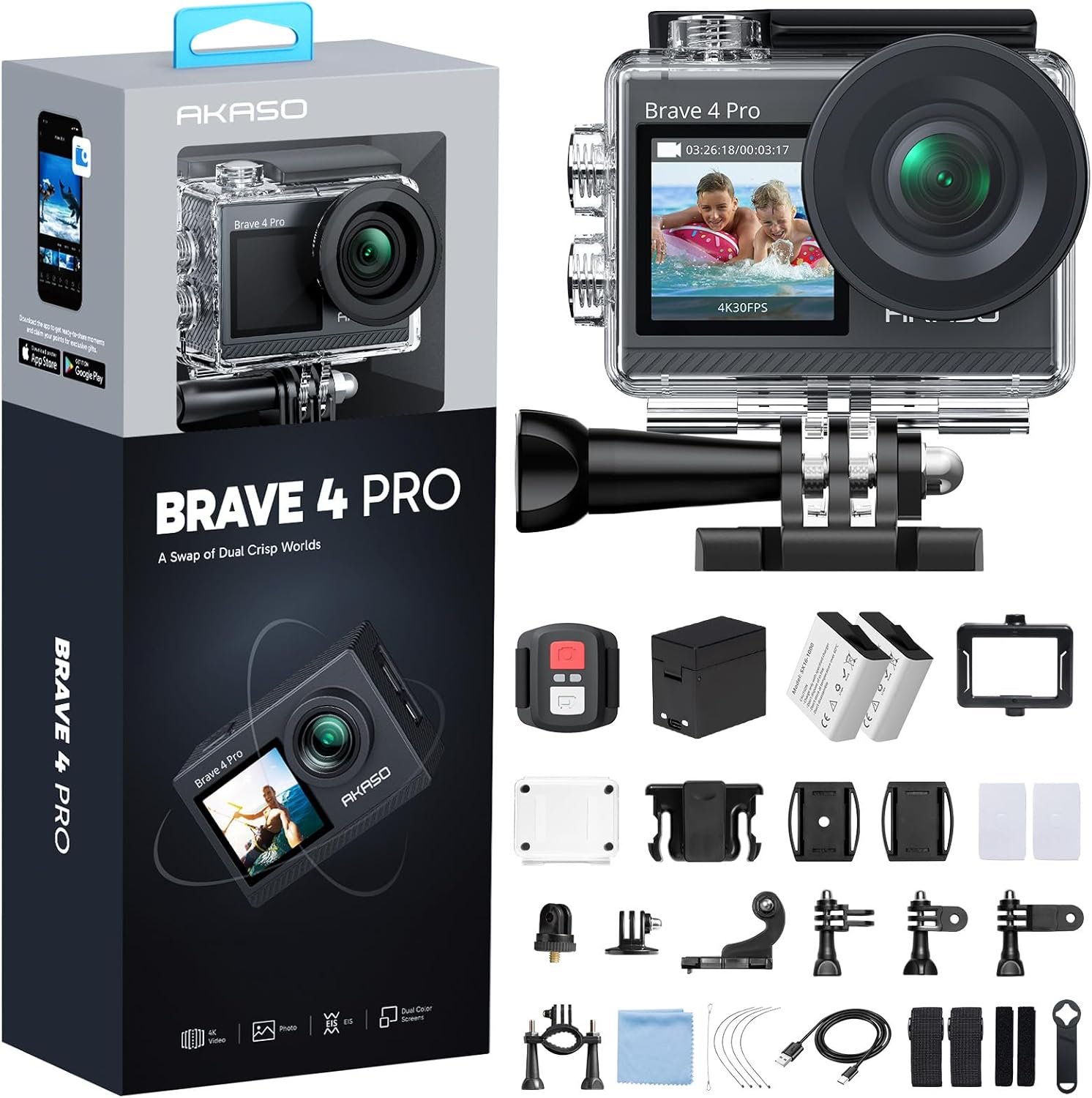 AKASO Brave 4 Pro Action Camera 4K 30fps Waterproof Underwater Camera | 20MP, EIS, 5X Zoom, Slow Motion, Touch Screen, Ultra Hd Sport Camera for Snorkel, Travel, Bicycle, Helmet Accessories Kit