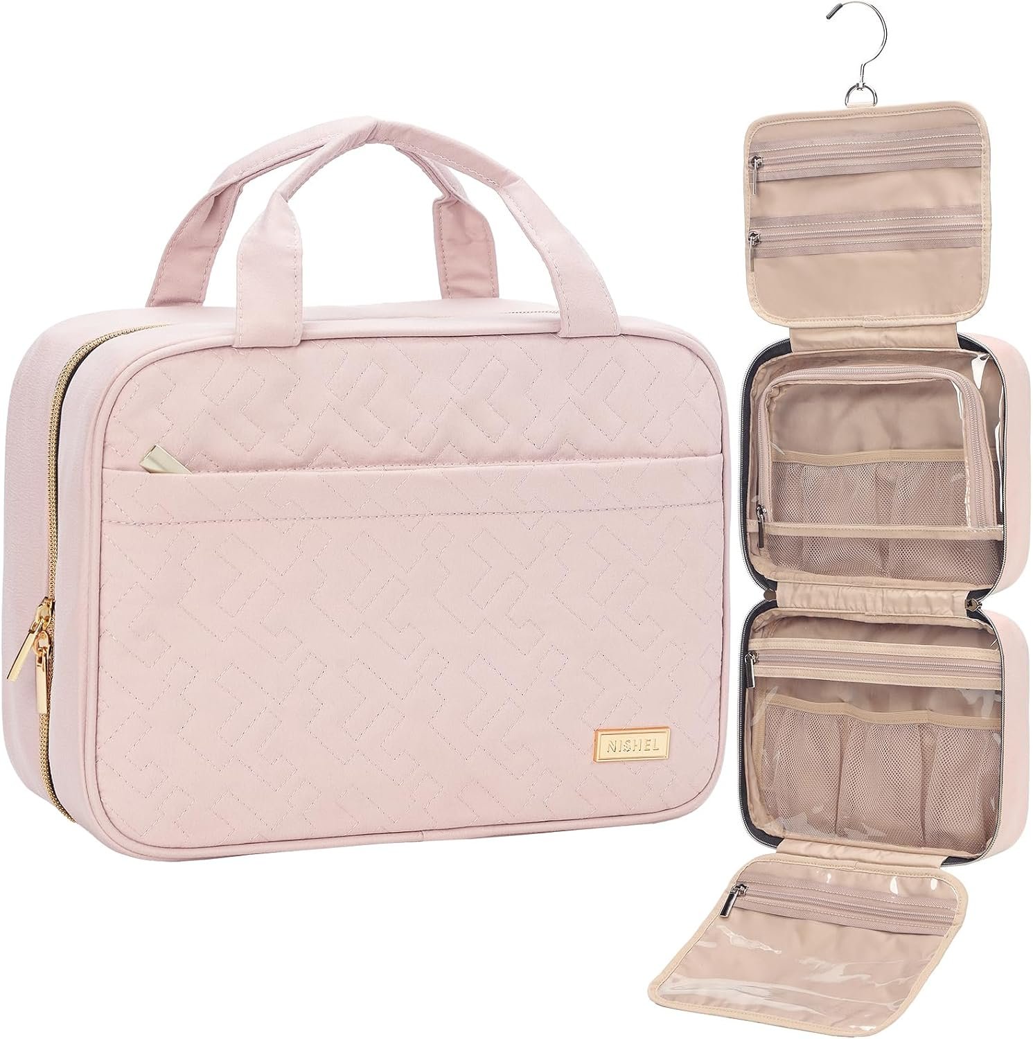 NISHEL Travel Toiletry Bag for women, Portable Hanging makeup Organizer | for Travel-Sized Shampoo, Conditioner, Brushes Set, makeup Accessories, Medium Size, Pink