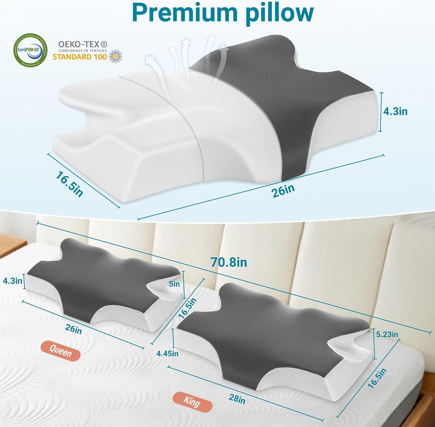 Elviros Cervical Neck Memory Foam Pillow with Removable Cooling Pillowcase | Ergonomic Orthopedic Bed Pillows for Neck Pain Relief, Neck and Shoulder Support, Suitable for Side Back Stomach Sleepers - Image 6