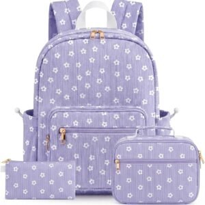 Corduroy Toddler Backpack for Kids School Bag Girls Bookbag Teen Backpack Set Daypack with Lunch Bag and Pencil Case (Purple small white flowers, 3 Set)