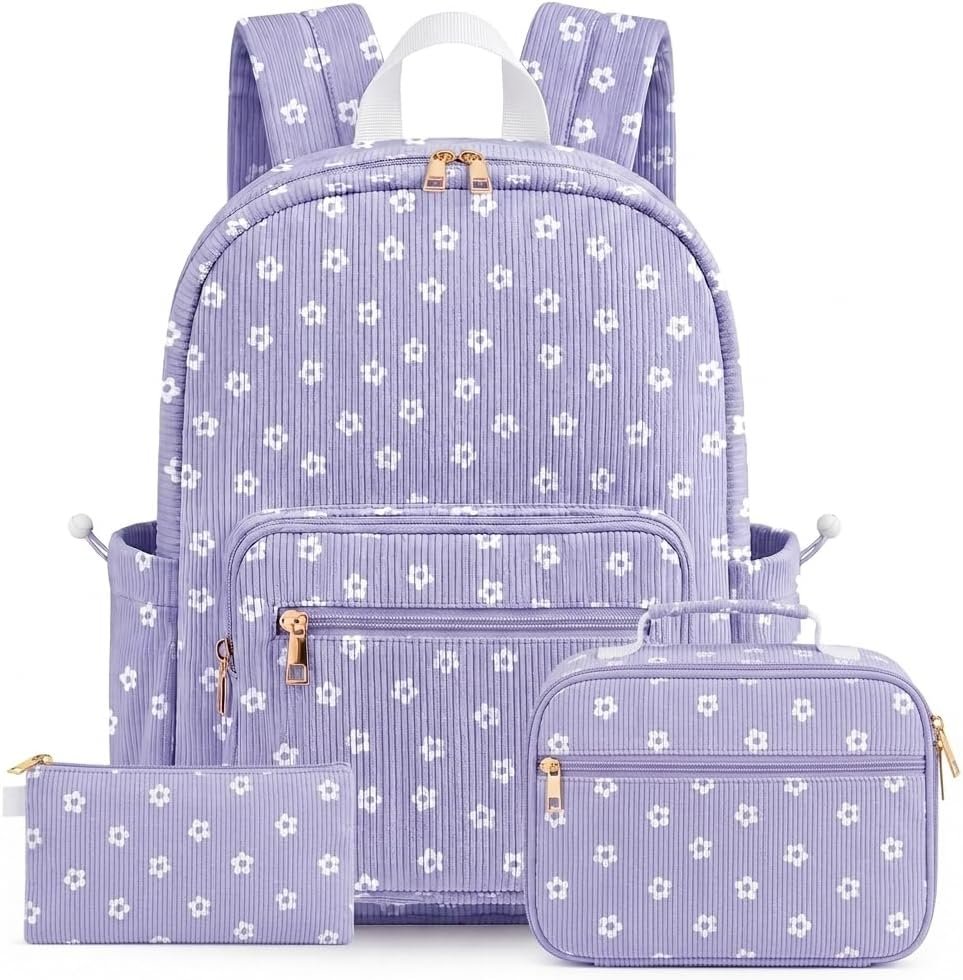 Corduroy Toddler Backpack for Kids School Bag Girls Bookbag Teen Backpack Set Daypack with Lunch Bag and Pencil Case (Purple small white flowers, 3 Set)