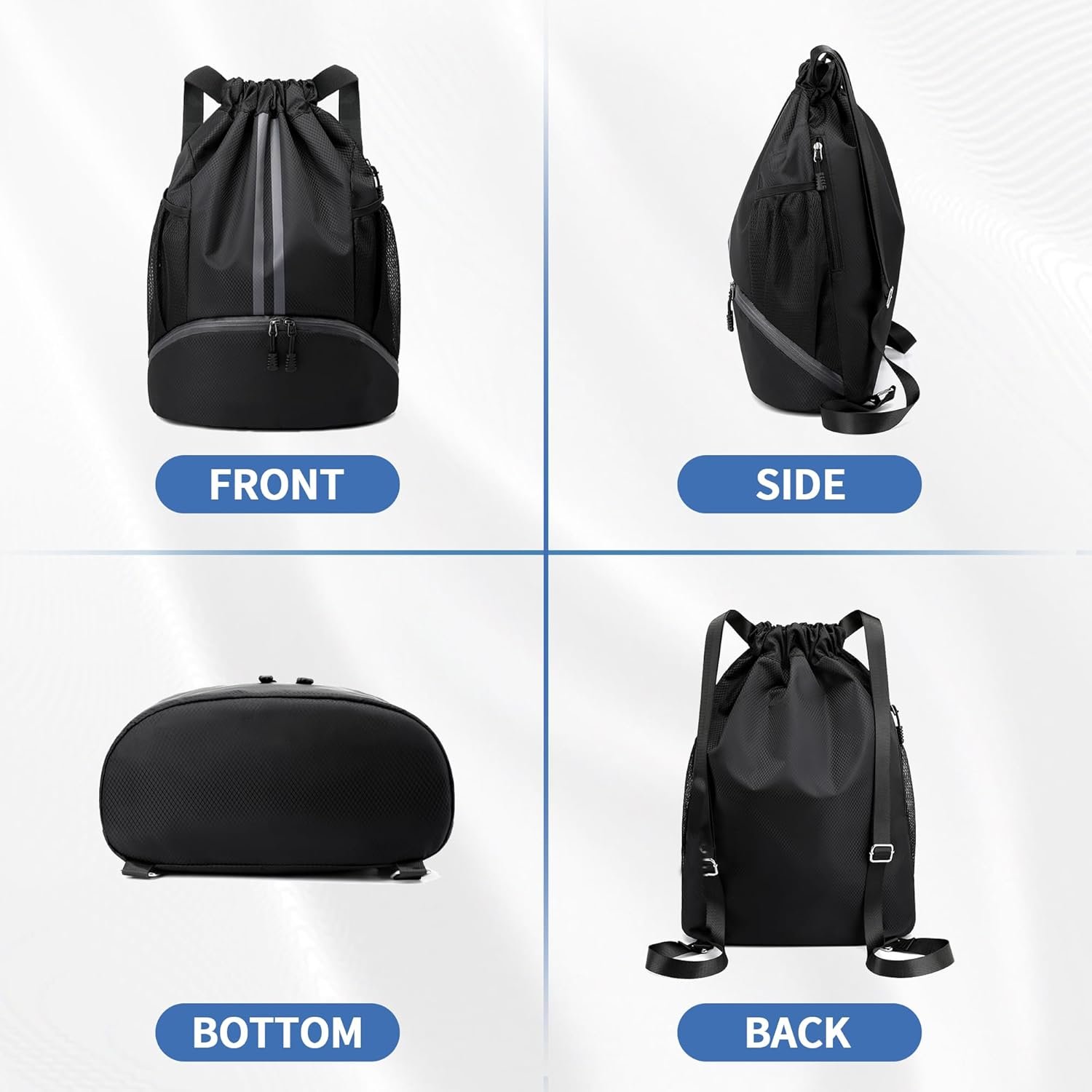 JELUTAR Drawstring Backpack Gym Bag with Shoes Compartment, Black | Water-Resistant String Backpack for Soccer, Basketball, Swim, Beach Cinch for Women Men, 22 L Large Capacity, Wet Pocket - Image 6