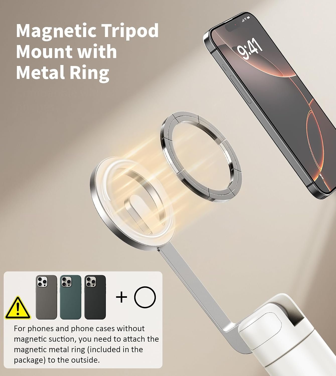TONEOF 68" Magnetic Aluminum Phone Tripod Selfie Stick for iPhone & Android | Rechargeable Remote,360° Rotatable Foldable Cell Phone Stand Holder with Metal Ring,Travel Tripod for Magsafe (Beige Gray) - Image 2