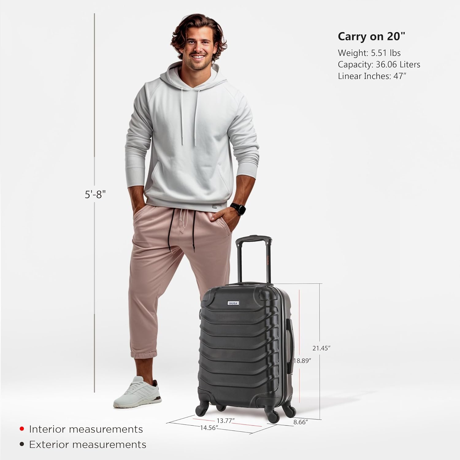 InUSA ENDURANCE 20-Inch Carry-On Hardside Spinner Luggage Lightweight Black - Image 2