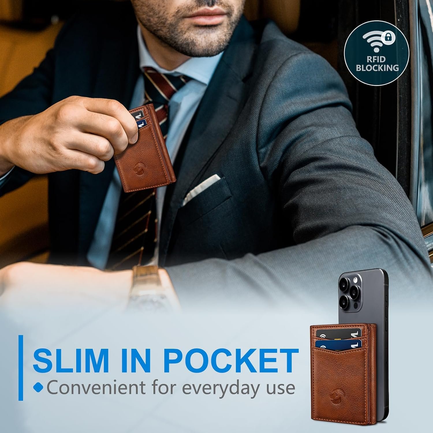 Trifold Wallet for Men - RFID Blocking Leather Slim Wallet with Magnetic Closure, 12 Card Slots, 2 ID Windows & Cash Pocket, Ideal Gift for Him, Daily Carry - Image 4