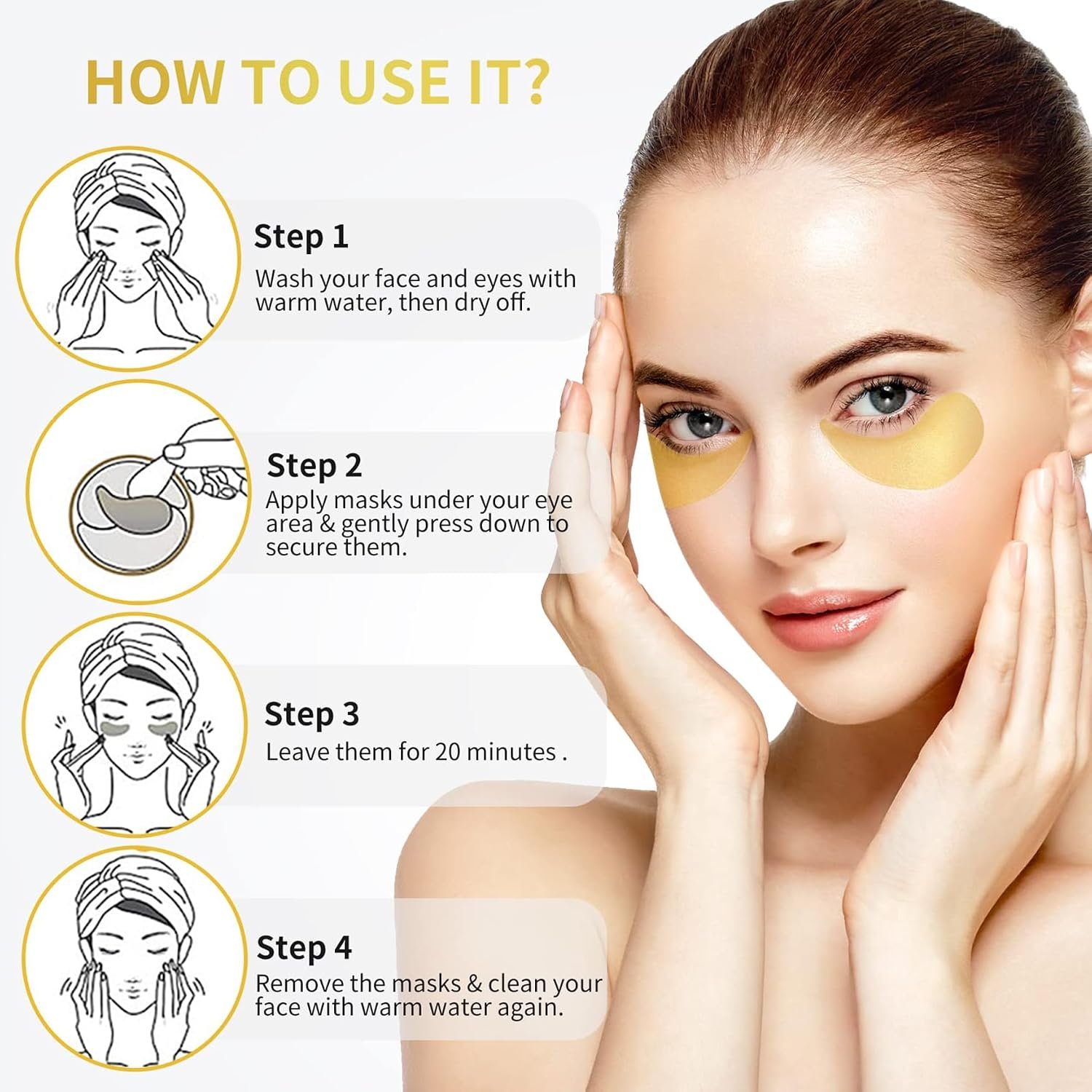 NAZANO 24K Gold Under Eye Patches - 60 Pack Eye Masks | for Puffy Eyes, Dark Circles, Bags & Wrinkles with Collagen & Hyaluronic Acid - Eye Care Pads for Daily Skincare (Gold) - Image 5