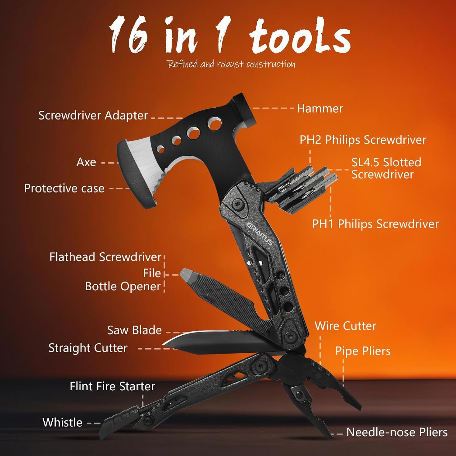 16 in 1 Multitool Camping Survival Gear with Axe Saw Pliers Whistle Hammer | Camping Accessories with Screwdrivers Bottle Opener Multitool-Knife and Gifts for Men Dad Husband Birthday Gifts - Image 2