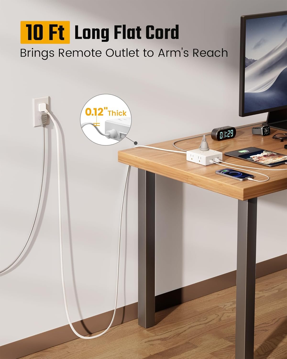 SUPERDANNY Extension Cord,Flat Plug Surge Protector Power Strip,10Ft | 8 AC & 4 USB Ports (2 USB C),Surge Protector with 1050J,Desk Charging Station for Home Office,College Dorm Room Essentials - Image 2