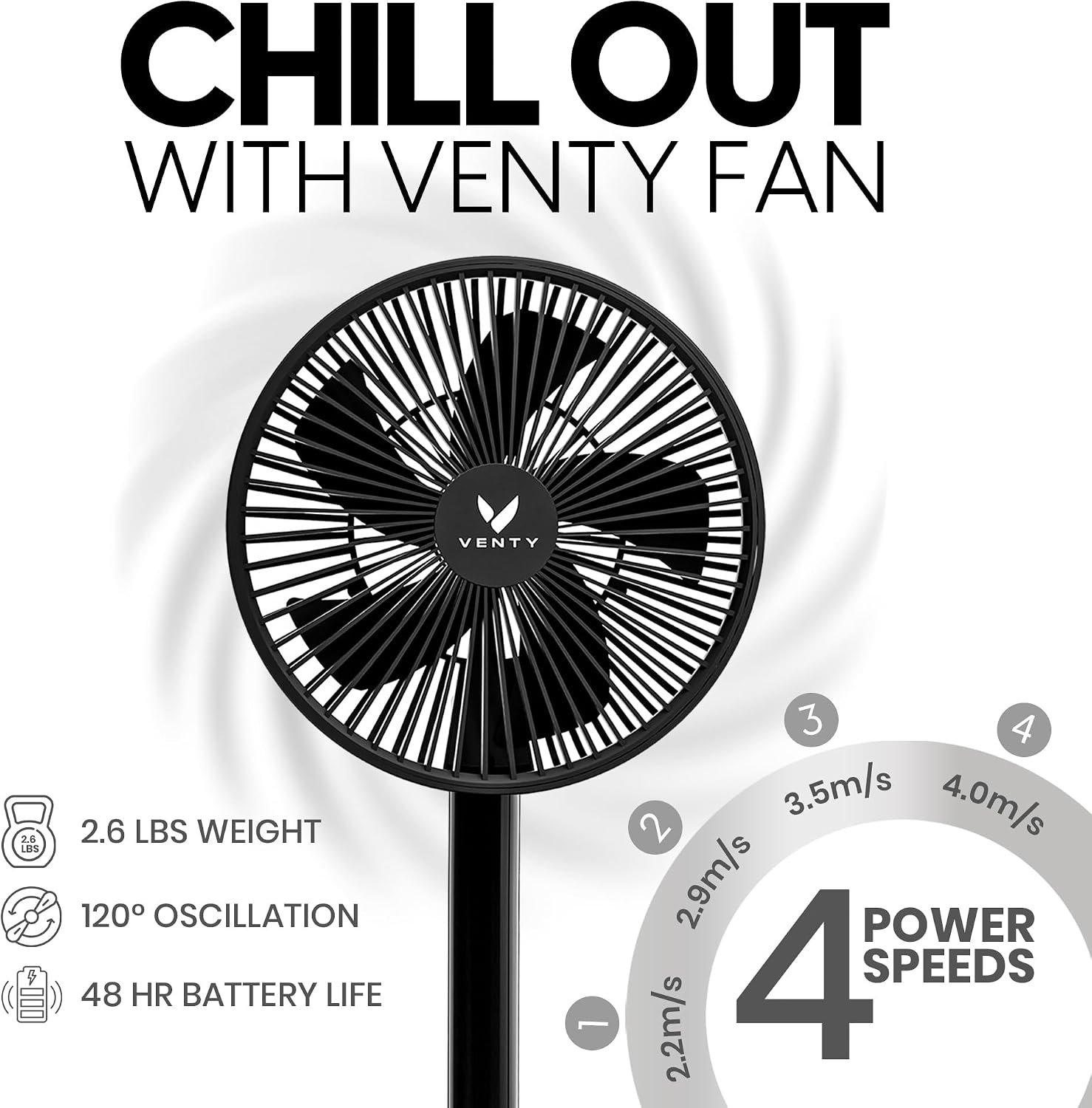 VENTY Portable Fan - Wireless Battery Operated Fan - 4 Speeds - LED Lighting - Carry Case & Remote Control - Cruise Travel - Outdoor Travel RV Power Bank With USB-C Port (Black with Case) - Image 2
