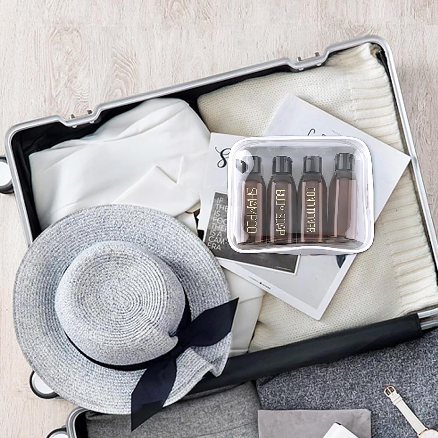 Cosywell 4 Pack 3.4 oz Preprinted Travel Bottles for Toiletries | Brown Bottles are Preprinted with SHAMPOO, CONDITIONER and BODY SOAP, One is Blank, Includes Flip Caps and a Toiletry Bag - Image 6
